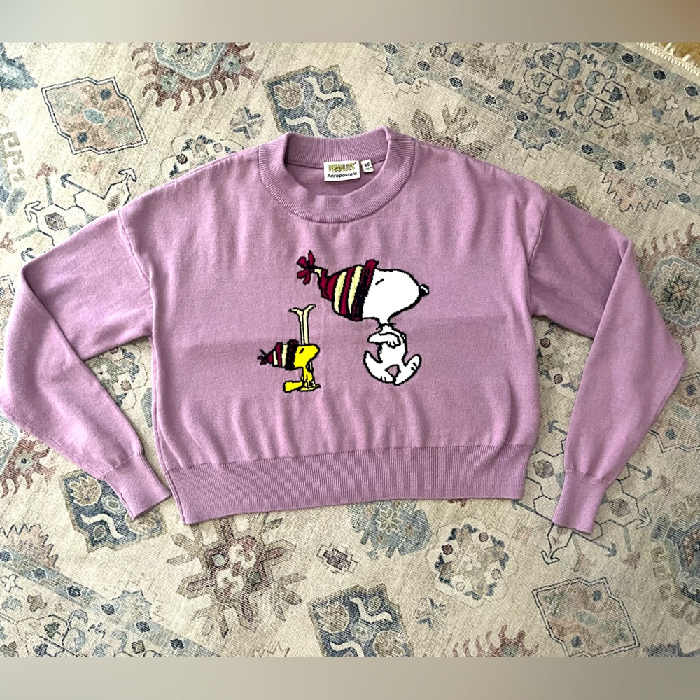 Peanuts x Aeropostale Snoopy & Woodstock Lilac Cropped Sweater - XS